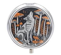 Wolf and Mushroom Travel Pill Box Case 3 Compartment Cute Pill Organizer Metal Pill Holder with Mirror Small Medicine Organizer Daily Pill Container for Purse Pocket Portable Meds Box