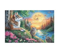 Wolf And Owls by River with Full Moon 1000-piece Jigsaw Puzzle Set For Adults Teens 14+ Logic Skill Indoor Game Family Game Night Summer Recycled Cardboard 1000 PCS