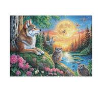 Wolf And Owls by River with Full Moon 500 Pieces Jigsaw Puzzles For Men Educational Decompression Adults Anxiety Memory Care Mothers Valentines Cardboard 500 PCS