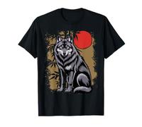 Wolf and Red Sun Japanese Style Dark Forest Art T-Shirt