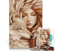Wolf And Woman in Feathers Jigsaw Puzzle 1000 Piece Focus Boost Fun Advanced Laser Cutting Tech Travel-friendly Brain Game Gift (38x52cm)