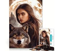 Wolf And Woman Under Moon Jigsaw Puzzle1000 Pieces Thinking Skill Game Seamless Fit Precise Pieces Family Fun Night Activity (38x26cm)