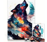 Wolf at Night Watercolor Jigsaw Puzzle 1000 Logic Thinking Play Expert Cutting Craftsmanship Quiet Time Mind Exercise at Home (38x52cm)