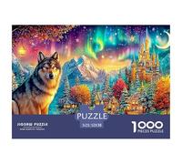 Wolf, Aurora, Castle And Glowing Village 1000 Piece Jigsaw Puzzle Cool Wolf Great Gift for Elders, Seniors, Adults & Kids 52x38cm/1000pcs