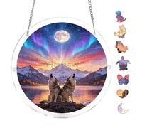 Wolf Aurora Mountain Lake Scene 7.8x7.8Inch Round Acrylic Hanging Puzzle | Creative Home Accent with Visual Appeal