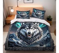 Wolf Aurora Single Duvet Cover Set 155x220 cm with 2 Pillow Cases 50x75 cm 3D Print Totem Viking Bedding Set Microfibre Machine Washable with Hidden Zip Corner Ties Children's Rooms Dorms Beds
