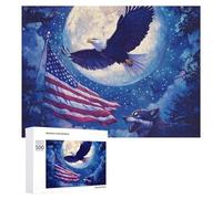 Wolf Bald Ea-gle Us Flag Full Moon Jigsaw Puzzles for Adult Family Activities Games Home Decor Puzzle 500 PCS