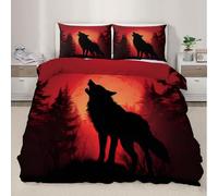 Wolf Bedding Duvet Cover Set Single Size Forest Silhouette Bedding Set for Kids Boys Girls Decor Crimson Lone Wolf Comforter Cover Set Bedspread Cover（No Comforter）