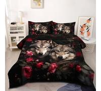Wolf Bedding Sets Red Floral Queen Size Comforter Black Animal Comforter Set Wildlife Theme Bedding Comforter Sets Lightweight Down Alternative Comforter