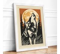 Wolf Beneath the Moon Rustic Framed Wall Art Print A4 White