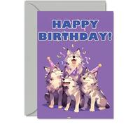 Wolf Birthday Cards for Her Him - Party Animals Pyramid - Happy Birthday Card for Mum Dad Brother Sister Auntie Uncle Cousin Friend Family Colleague A5 Bday Greeting Cards