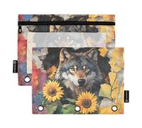 Wolf Breaking Through The Wall Flower Binder Zipper with Clear Window Color Pencil case Big Capacity Three Ringing Binder for Storing School Office Supplies Multicolored 2 PCS