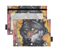 Wolf Breaking Through The Wall Flower Pencil pouching for Kids with Clear Window Large Zippered Pencil case Big Capacity 3 Hole Binder for School, Office & Home Multicolored 2 PCS