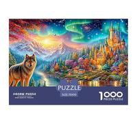 Wolf by A River, Glowing Castle, Aurora, Snow-capped Mountains 1000 Piece Jigsaw Puzzle Enchanted Spirit Wolf - Brainteasing Fun for Adults & Kids 70x50cm/1000pcs