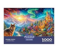 Wolf by A River, Glowing Castle, Aurora, Snow-capped Mountains 1000-Piece Jigsaw Puzzle Enchanted Spirit Wolf - Family Puzzle Game for All Ages 52x38cm/1000pcs