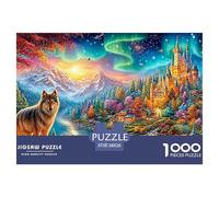 Wolf by A River, Glowing Castle, Aurora, Snow-capped Mountains 1000Pc Jigsaw Puzzle Enchanted Spirit Wolf - Ideal for Family Fun, Adults & Kids 38x26cm/1000pcs