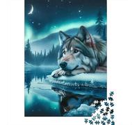 Wolf by Lake1000 Piece Sturdy Cardboard Aurora Wolf Jigsaw Puzzle Adults Hard Challenging Puzzle Office Break Stress Relief Creative Decoration 38x26cm/1000pcs