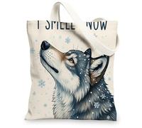 Wolf Canvas Tote Bags, Artistic Animal Print Lightweight Reusable Grocery Bags, Stylish Eco-Friendly Shoulder for Travel Be, Beige, 13x15 Inch