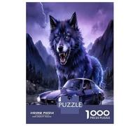 Wolf Car Mountain 1000pc Classic Jigsaw Puzzle Rebel Beast Power Puzzle for Adults Thick Cardboard Teen Fans 12-18 Logic Skill After-School Party Best Gift Puzzle Lovers 38x26cm/1000pcs