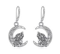 Wolf Celtic Earrings Sterling Silver Viking Moon Dangle Drop Leverback Earrings Retro Gothic Punk Howling Animal Jewelry Biker Party Gifts for Girls Women Men
