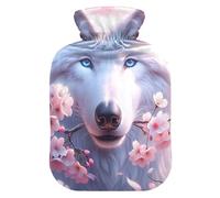 Wolf Cherry Blossoms Pink Hot Water Bottles with Soft Velvet Cover Hot Water Bag for Neck and Shoulder Pain Relief Small