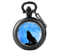 Wolf Classic Black Under the Moon Quartz Pocket Watch Pendant Necklace Watch Gift, Black