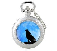 Wolf Classic Black Under the Moon Quartz Pocket Watch Pendant Necklace Watch Gift, Silver
