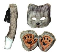 Wolf Cosplay Face Cover Tail Set, Handmade Cosplay Accessory, Mask with Plush Gloves, Built-in Flexible Tail, Artificial Wolf Costume Mask Set for Th