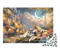 Wolf Couple in Paris 1000 Piece Jigsaw Puzzle for Adults Unique,Two Wolves at Moonlit Town Perfectly-Fitting Pieces Fun, Vibrant Imagery Perfect for Game Nights High Resolution 38x26cm/1000pcs