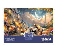 Wolf Couple in Paris Jigsaw Puzzle 1000 Pieces Castle with Resting Wolf Premium Paper Puzzle for Stress Relief, Focus Training And Family Leisure Time 52x38cm/1000pcs