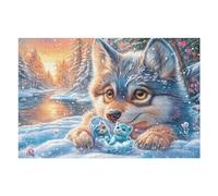 Wolf Cub Blue Flower Forest Wildlife Wild 1000 Piece Jigsaw Puzzle for Adults Jigsaw Bedroom Decor Accent Whimsical Brainteaser Great Relaxation Activity 1000 PCS
