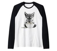 Wolf Cub Eating Ramen Noodles Cute Puppy Design Raglan Baseball Tee