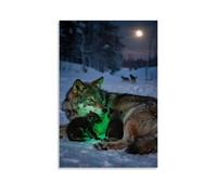 Wolf Cubs Hiding in Their Mother's Arms, Green Light Flickering in The Snowy Night, with Wolves Howling in The Distance Modern Hanging Wall Decor - Artistic Mural Print20x30inch(50x75cm)