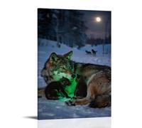 Wolf Cubs Hiding in Their Mother's Arms, Green Light Flickering in The Snowy Night, with Wolves Howling in The Distance Modern Hanging Wall Decor - Artistic Mural Print12x18inch(30x45cm)
