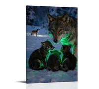 Wolf Cubs Hiding in Their Mother's Arms, Green Light Flickering in The Snowy Night, with Wolves Howling in The Distance Contemporary Wall Mural - Decorative Hanging Poster Art 08x12inch(20x30cm)