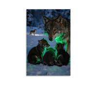 Wolf Cubs Hiding in Their Mother's Arms, Green Light Flickering in The Snowy Night, with Wolves Howling in The Distance Contemporary Wall Mural - Decorative Hanging Poster Art 12x18inch(30x45cm)