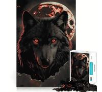 Wolf Dark Moon Red Clouds 1000 Piece Jigsaws for Adults Brain Training Fun Clean Cut Sturdy Components Calming Mental Break Activity (38x26cm)