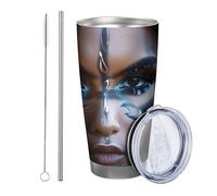 Wolf Design Insulated Metal Tumbler with Lid, Beautiful Face, Feather, Animals, Artistic Tribe, Blue, Brown, Spill-Free Can Cooler, School, Nursery, Office, No Spill, 1 Pack