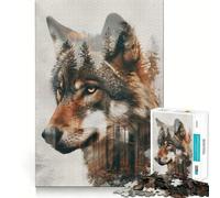 Wolf Double Exposure Jigsaw Puzzles1000 Pieces Cognitive Train Fun Flawless Interlocking Pieces Birthday Gift Brain Teaser Toy (38x26cm)