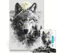 Wolf Double Exposure Moon 1000 Piece Jigsaws for Adults Mental Improve Play Laser Cut for Flawless Fit Family Fun Night Activity (50x75cm)