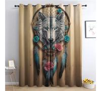 Wolf Dream Catcher Curtains for Bedroom Living Room - Beige Native American Blackout Curtains 46 x 54 Inch (Width x Drop), Thermal Insulated Eyelet Curtains & Drapes, Patterned Window Treatments