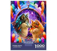 Wolf Dreamcatcher Duo 1000 Pieces Jigsaw Puzzle Set Vibrant Tribal Spirit Art Jigsaw Puzzle Extra-Thick Cardboard Stress Relief Travel Adults Kids 12+ Brain Training Puzzle 52x38cm/1000