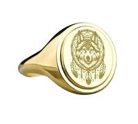 wolf dreamcatcher signet ring| wild animal jewelry| oval engraved and feathers symbolic spiritual gift jewelry| 925 sterling silver gold plated |LK_PDR_00397_6.5
