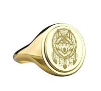 wolf dreamcatcher signet ring| wild animal jewelry| oval engraved and feathers symbolic spiritual gift jewelry| 925 sterling silver gold plated |LK_PDR_00629_5.5