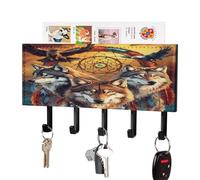 Wolf Dreamcatchers Wall Mounted Key Holder with 5 Key Hooks Hanging Mail Organizer Rack for Entryway
