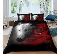 Wolf Duvet Cover Red Rose Wild Wolf Bedding Set Safari Animal Comforter Cover for Boys Girls Kids Romantic Flower Wildlife Printed Bedding & Linen King Size With 2 Pillow Case