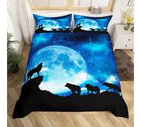 Wolf Duvet Cover Set Double Size 3D Print Galaxy Bedding Set for Boys Men Blue Luxury Moonlight Stars Wild Animals Microfiber Polyester Comforter Cover with 2 Pillow Shams, Zipper, Soft 3 Pieces