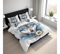 Wolf Duvet Cover Single Size, Reversible Print Design, 2 Pcs Watercolor Wildlife Feather Bedding Set, Soft Microfibre Quilt Cover with 1 Pillowcase, Zip GG2l
