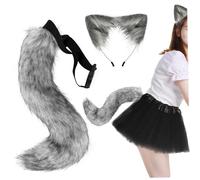 Wolf Ears and Tail Faux Fur Fox Ears and Tail Set, Furry Wolf Ears and Tail, Cute Animal Tail and Ears Headband for Cosplay Party, Masquerade Dark Grey