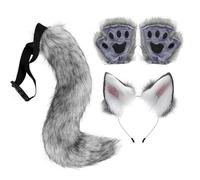 Wolf Ears and Tail Set - Wolf Tail Clip Ears and Gloves Set | Faux Cosplay Costume Accessories for Women, Teens | Hallowêen, Christmas, Dress-Up for Role Play, Animal Party Props Dark Grey